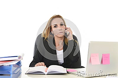 Worried attractive businesswoman in stress working with laptop c Stock Photo