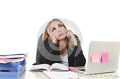 Worried attractive businesswoman in stress working with laptop c Stock Photo