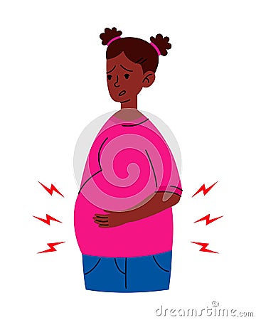 Worried black Pregnant woman stomach ache. Mother in bad condition. Sickness, Pregnancy symptoms, motherhood, Health Vector Illustration