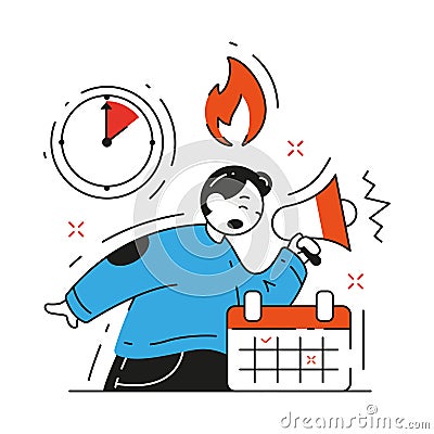 Worried business man screaming in megaphone deadline ends vector flat illustration Vector Illustration