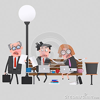 Worried business teamwork working on a park bench. 3D Cartoon Illustration