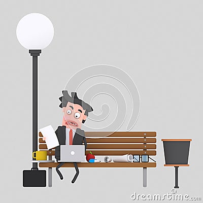 Worried businessman having lunch on a park bench.3D Cartoon Illustration