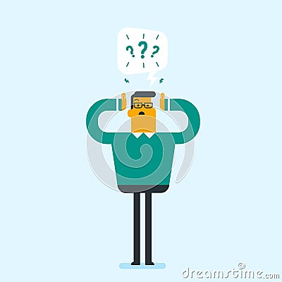 Worried businessman with question marks over head. Vector Illustration