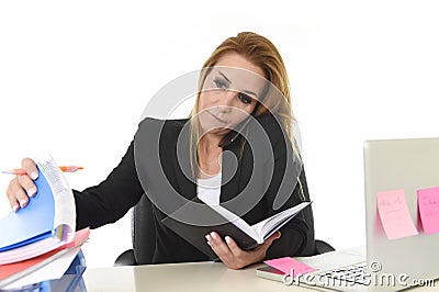 Worried busy attractive businesswoman in stress working with lap Stock Photo