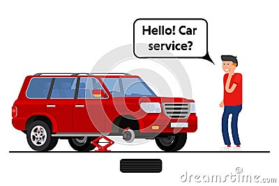 Worried driver calling roadside assistance to help with his breakdown car vector illustration. Vector Illustration