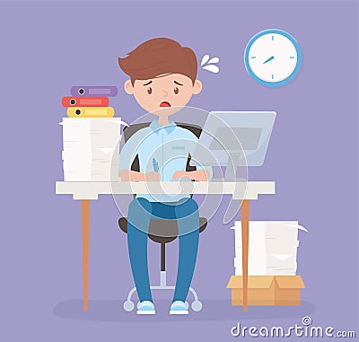 Worried employee in desk office with computer of papers and clock stress Vector Illustration