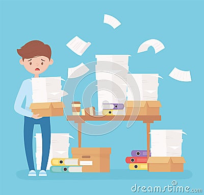 Worried employee papers desk with sheets binders office stress Vector Illustration