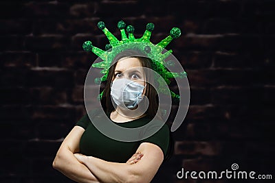 Worried fearful woman distancing from corona virus covid-19 wearing medical mask, cry stop another person, isolated Stock Photo