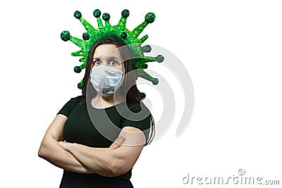 Worried fearful woman distancing from corona virus covid-19 wearing medical mask, cry stop another person, isolated Stock Photo
