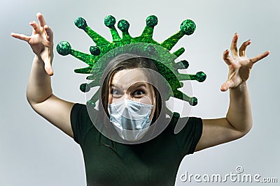 Worried and fearful woman social distancing from corona virus covid-19 wearing medical mask, cry stop another person Stock Photo