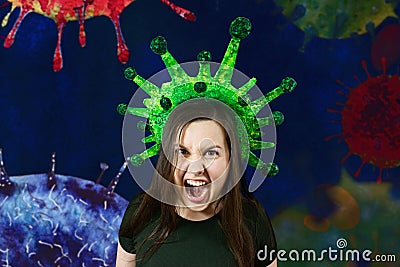 Worried fearful woman social distancing corona virus covid-19 wearing medical mask, cry stop another person, isolated Stock Photo