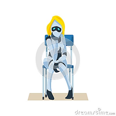 Worried Female Robot on Chair Wait Job Interview Vector Illustration