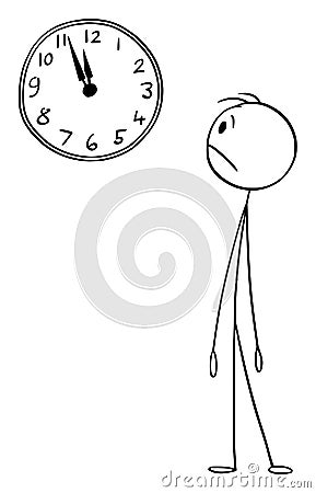Worried Man or Businessman Watching Wall Clock, Vector Cartoon Stick Figure Illustration Vector Illustration