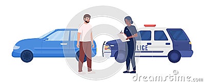 Worried man pulled over by female police officer flat color vector characters Vector Illustration