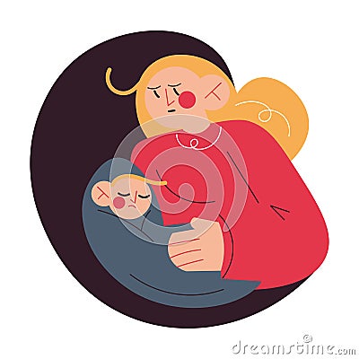 Worried mother holding her sad ill small son on hands Vector Illustration