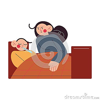 Worried mother staying with her ill son in bed at home Vector Illustration