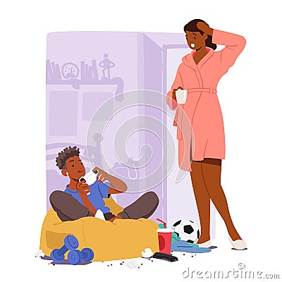 Worried Mother And Teenager Engrossed In Computer Games, Showcasing Gadget Addiction, Cartoon Vector Illustration Vector Illustration