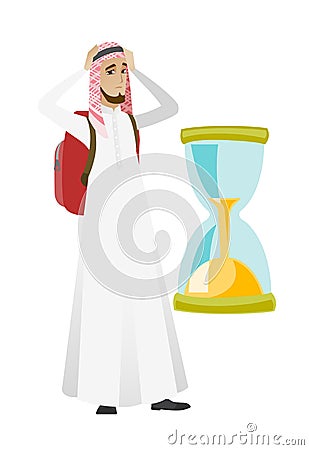 Worried muslim traveler man looking at hourglass. Vector Illustration