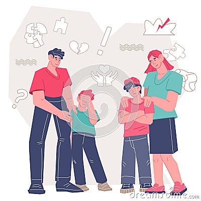 Worried parents comforting depressed crying teen children vector isolated. Vector Illustration