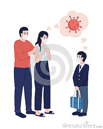 Worried parents see off their boy semi flat color vector character Vector Illustration