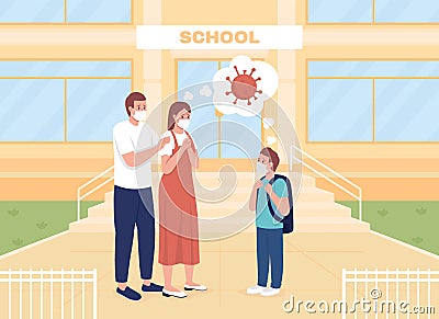 Worried parents see their son off to lessons flat color vector illustration Vector Illustration