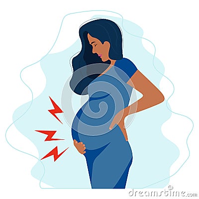 Worried Pregnant black woman suffering stomach ache Vector Illustration