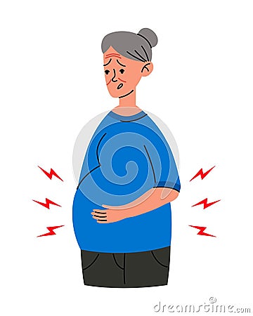 Worried Pregnant old woman stomach ache. Mother in bad condition. Sickness, Pregnancy symptoms, motherhood, Health Vector Illustration