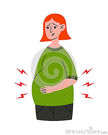 Worried Pregnant woman stomach ache. Mother in bad condition. Sickness, Pregnancy symptoms, motherhood, Health problem Vector Illustration