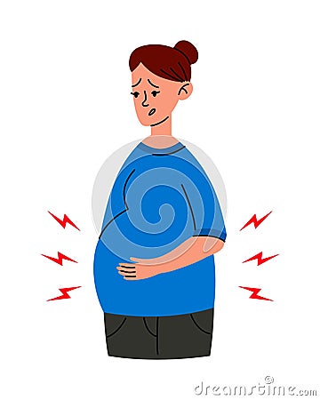 Worried Pregnant woman stomach ache. Mother in bad condition. Sickness, Pregnancy symptoms, motherhood, Health problem Vector Illustration
