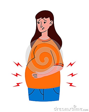 Worried Pregnant woman stomach ache. Mother in bad condition. Sickness, Pregnancy symptoms, motherhood, Health problem Vector Illustration