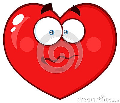 Worried Red Heart Cartoon Emoji Face Character With Confused Expression. Vector Illustration