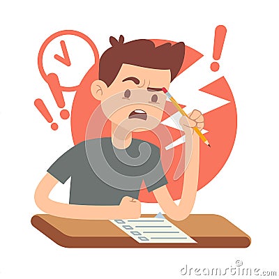 Worried, upset teen student on exam. Education and study vector concept Vector Illustration