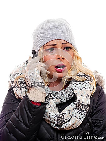 Worried woman on cell phone. Stock Photo