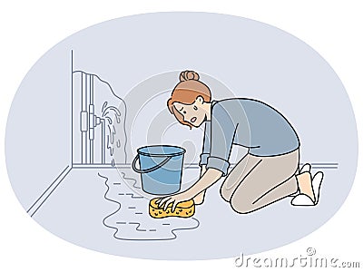 Worried woman clean water from burst pipe Vector Illustration