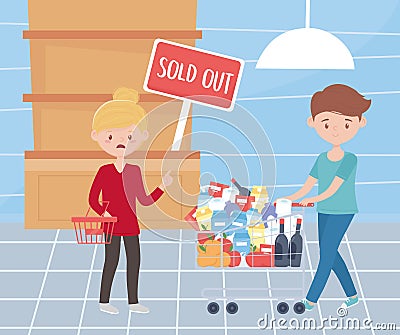 Worried woman with empty basket and guy with full cart food excess purchase Vector Illustration