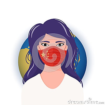 Worried woman in medical mask with flag of China Vector Illustration