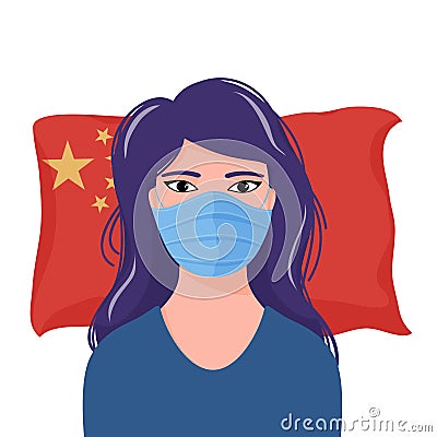 Worried woman in medical mask over China flag Vector Illustration