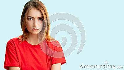 Worried woman portrait female rights disturbed Stock Photo