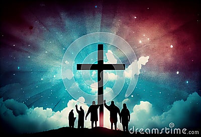 Worship concept: christian people hand in hand over cross on spiritual sky background . Generate Ai. Stock Photo