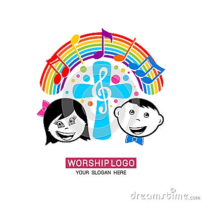 Worship logo. Children glorify God, sing glory and praise to Him Vector Illustration