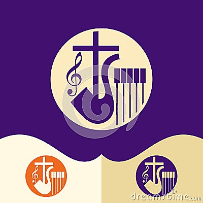 Worship logo. Cristian symbols. Cross of Jesus, saxophone and notes Vector Illustration