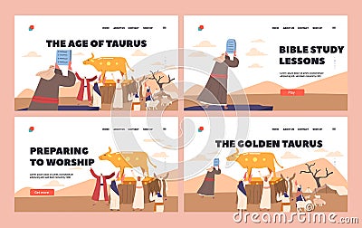 Worship to Golden Taurus Landing Page Template Set. Moses Character Hold Ten Commandments Cartoon Vector Illustration Vector Illustration