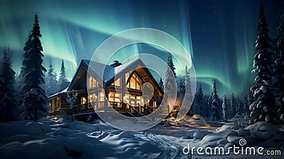 It would be nice if it was a cold snowy night. The stars fill the sky The aurora appears beautifully. There will be a warm house Stock Photo