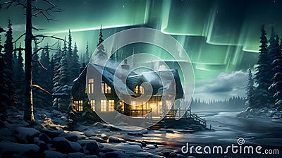 It would be nice if it was a cold snowy night. The stars fill the sky The aurora appears beautifully. There will be a warm house Stock Photo