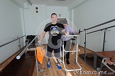 Wounded Ukrainian soldiers are recovering from their wounds in a rehabilitation center near Lviv Editorial Stock Photo