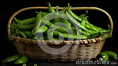 Woven basket filled with crisp, green sugar snap peas Stock Photo