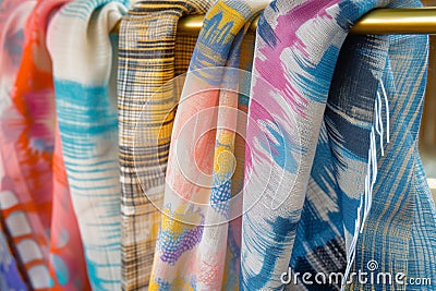 woven scarves with abstract spring patterns on a brass rack Stock Photo
