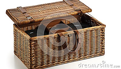 Woven wicker picnic basket with leather handle generated by AI Stock Photo