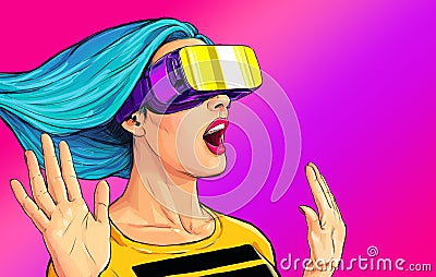 Ow! Excited girl in a VR glasses surprised with what she saw. She is touching something Stock Photo