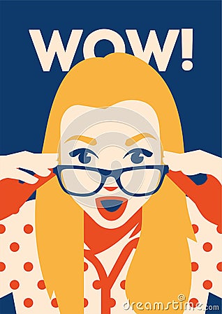 Wow face of surprised woman holding sunglasses in her hand. Vector Illustration